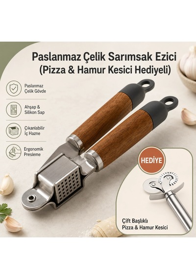 Paslanmaz Çelik Sarımsak Ezici / Pizza&hamur Kesici Hediyeli Çok Renkli