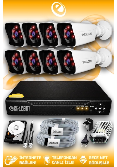 Elitcam 8 Kameralı Kare 8 Dış Kamera Set 1 TB HDD Full HD Gece Görüşlü Güvenlik Kamerası Sistemi