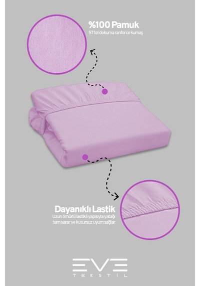 Eve Tekstil Pamuklu Çift Kişilik Rainforce Kumaş Lastikli Çarşaf Ve Yastık Kılıfı Set Lila