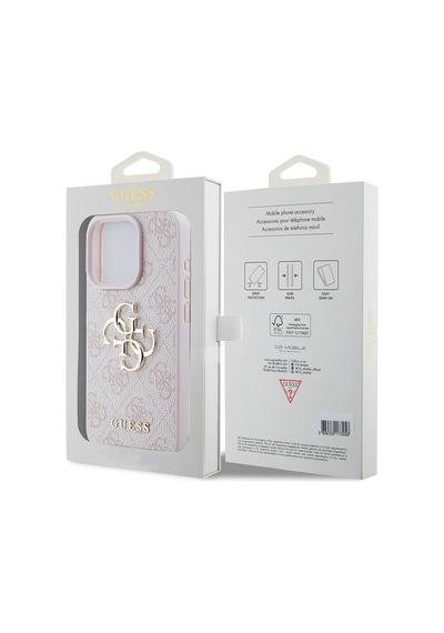 Apple Uyumlu iPhone 15 Pro Kılıf Guess Lisanslı Pu Deri Yazı Ve 4g Metal Logolu Desenli Kapak Pembe