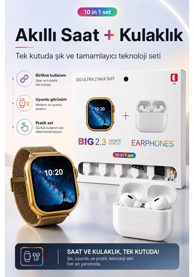 Akıllı Saat Ve Kablosuz Kulaklık Bir Arada Telefon Uyumlu Şık Hediye Seti