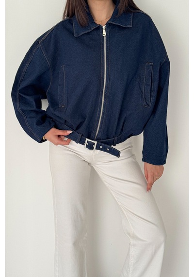 Blanco Kadın Kemer Detaylı Kot Ceket Oversize Fermuarlı Denim Ceket Lacivert Lacivert