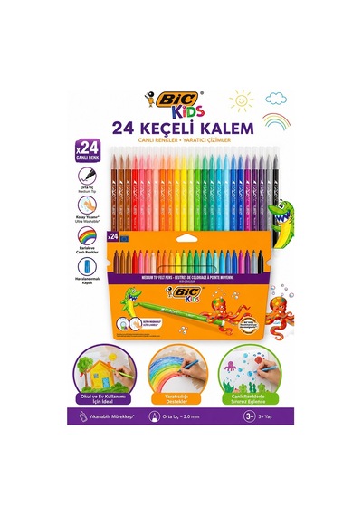 Keçeli Kalem 24 Renk 1 Paket Bic Kid Couleur 24 Lü Keçeli Kalem Canlı Renkler Yıkanabilir Kaliteli Okul Öğrenci