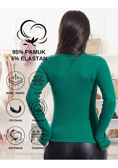 Alya Underwear Kaşkorse Tam Boğazlı Body Sweatshirt, Fitilli Kumaş, Likralı, Gül Kurusu Çimen Yeşili