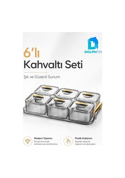 6 Lı Kapaklı Kahvaltılık Seti Şeffaf Gold Kulplu Sunum Tepsili Seffaf