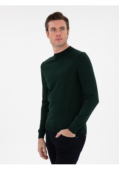 Cacharel Zümrüt Slim Fit Yün Karışımlı Çeyrek Balıkçı Yaka Basic Triko Kazak Yesıl