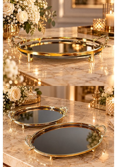Gold Kaplama Füme Aynalı Söz Nişan Tepsisi 2 Li Set Kız İsteme, Damat Kahve Ve Sunum Tepsisi - 929146826 Diğer