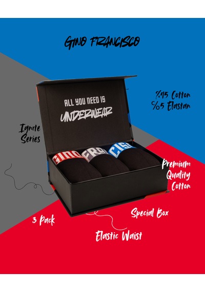 Gino Francisco Erkek Boxer 3'lü Paket Pamuklu Esnek Rahat Kesim Ignite Collection Premium Kutulu Set Kırmızı - Gri - Mavi