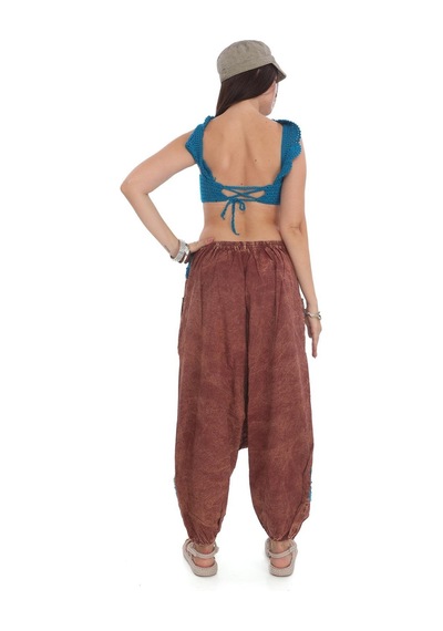 Bohem Stil Hint Otantik Yıkamalı Taşlanmış Patchwork Unisex Şalvar Pantolon-9188 Kiremit