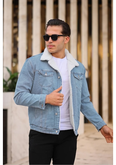 E-fendi Erkek Kürklü Denim Kot Mont Kışlık Sıcak Ve Şık Dış Giyim Buz Mavi - Krem