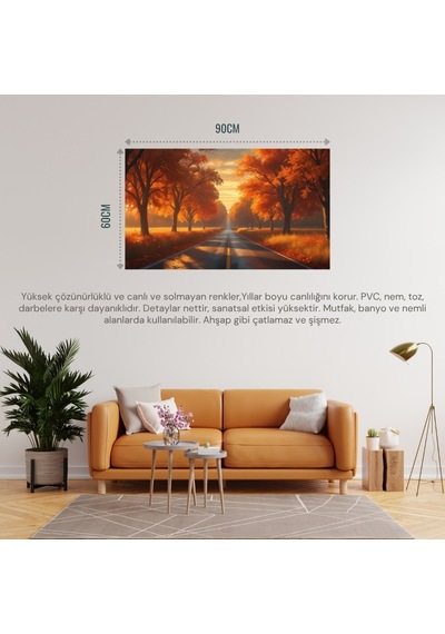 Doğa Ve Manzara Yatay Sonbahar Ağaçlarının Arasında Ufka Doğru Uzanan Yalnız Yol 05 Çerçevesiz 90x60cm Pvc Tablo