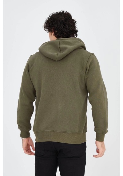 Erkek 3 İplik Pamuklu Fermuarlı Kapüşonlu Kanguru Cepli Baskılı Hoodie Hırka Sweatshirt - Yeşil