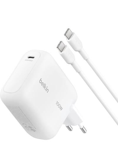 Belkin Boostcharge Usb-c Fiş Tipi Şarj Cihazı 100 W, Gan Kompakt Ve Katlanabilir Macbook Ve İphone İçin Hızlı Şarj, 1,5 M Usb-c Kablo Dahil, Beyaz 1-Beyaz