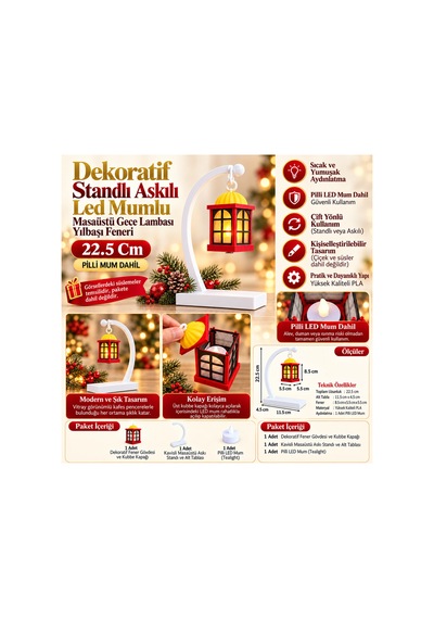Dekoratif Standlı Askılı Led Mumlu Masaüstü Gece Lambası Yılbaşı Feneri 22.5 Cm Pilli Mum Dahil Açık Altın