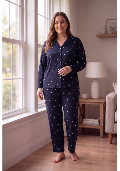 Seboteks Süet Kumaş Önden Düğmeli Büyük Beden Kadın Pijama Takımı 2800 Lacivert