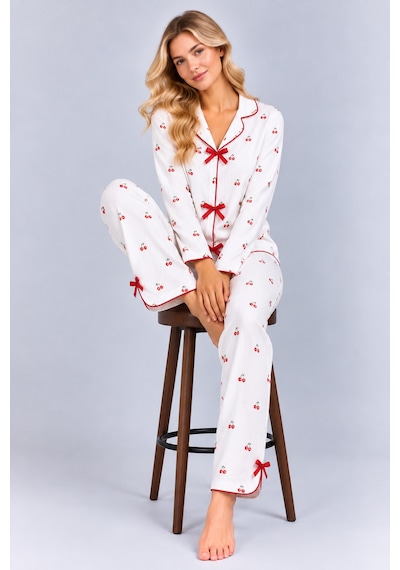 Pijamask Kadın Beyaz Kiraz Desenli Kırmızı Fiyonk Detaylı Uzun Kollu Pijama Takımı Beyaz