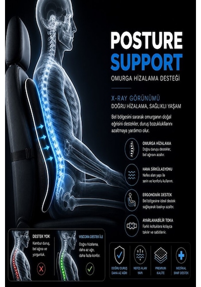 Posture Support Aircore Ergonomik Lomber Bel Destek Minderi Siyah