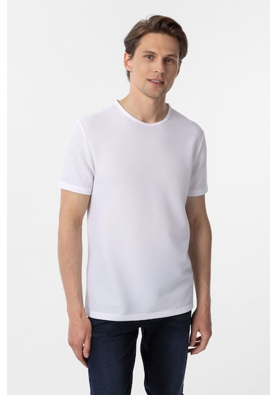 Süvari Beyaz Slim Fit Armürlü Bisiklet Yaka Tişört-37377 Beyaz
