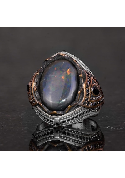 925 Ayar Gümüş Erkek Yüzük - Doğal Opal - Bronz Kaplama Detaylar - El Yapımı Dikkat Çekici Parça Gümüş