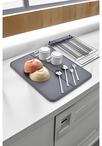 44x36cm Gri Katlanabilir Bulaşık Matı Kurutma Örtüsü Üstü Süper Emici Mikrotex Sünger Kalın Bez Bamb Diğer