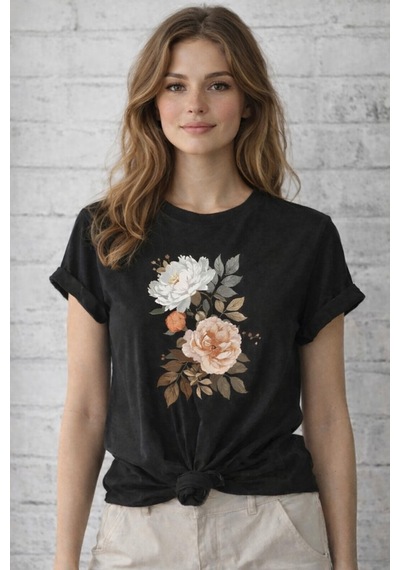 Herkesemoda Soft Çiçekler Baskı Detaylı Basic T-shirt Siyah