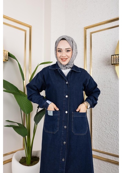 Harman Butik Kadın Düğmeli Uzun Kot Kap Lacivert Lacivert