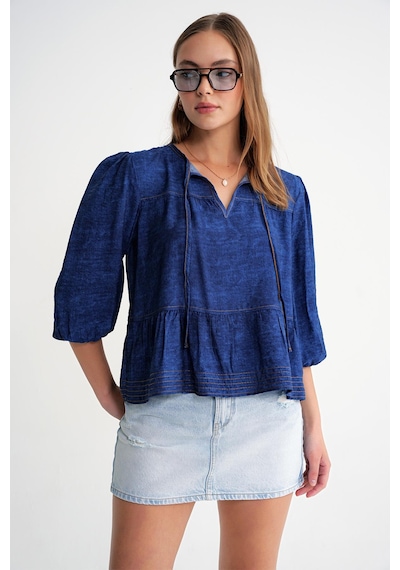 Mixray 4704 Kadın Fırfırlı Balon Kol Kısa Denim Bluz Lacivert