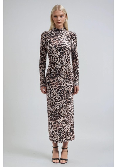 Lijuri Leopar Desenli Dik Yaka Leopar Elbise 2974 Leopar