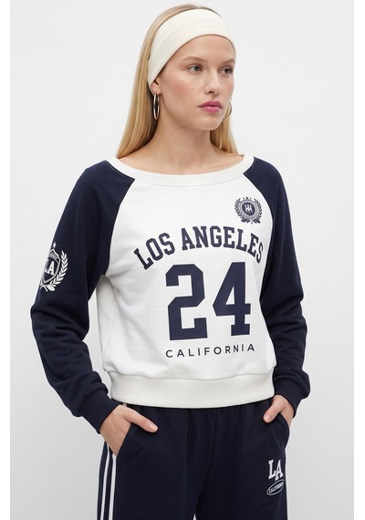 Ritnice Kadın Stone Kayık Yaka Sweatshirt Şeritli Alt Eşofman Lacivert Alt Üst Takım