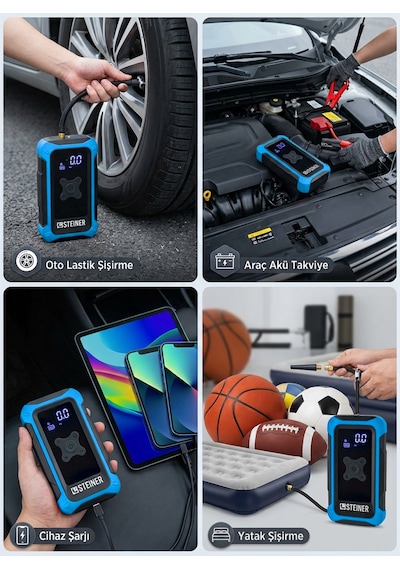 Steiner 16.000 Mah 4'ü 1 Arada 10 Bar Dijital Göstergeli Powerbank Led Fener Şarjlı Akü Takviye Cihazı Hava Kompresörü Mavi