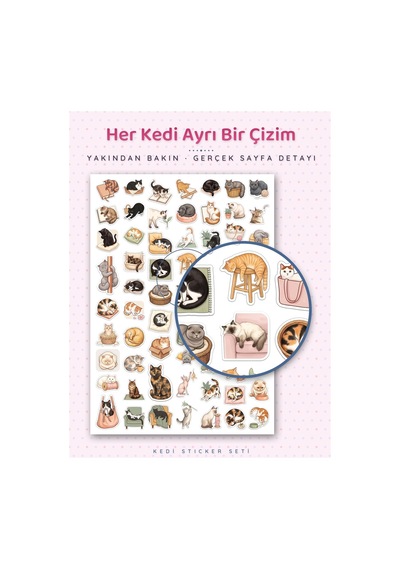 Kedi Sticker Seti 400+ Adet 9 Farklı Boy Suluboya Guaş Ajanda Planner Scrapbook Journal 6 Sayfa A4 Çok Renkli