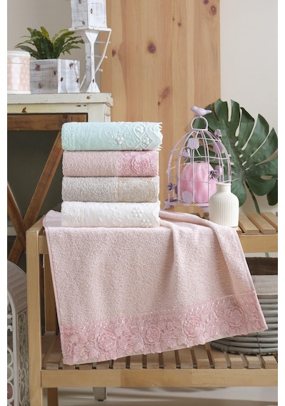 Kardelen 50x90 Cm Güpür Detaylı Bukle %100 Pamuk Geçişli 4 'lü El Yüz Havlu Seti