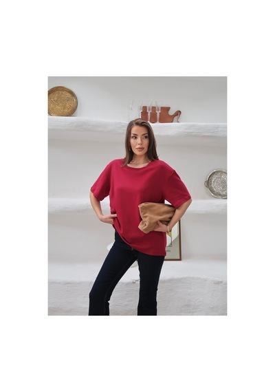 Paw Garage Kadın Mia İnterlok Kumaş Bisiklet Yaka Oversize T-shirt Bordo