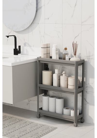 Mithra Life 3 Katlı Tekerlekli Slim İnce Gri Banyo Mutfak Rafı Mıt1127 Gri
