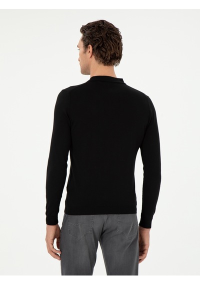 Cacharel Siyah Slim Fit Yün Karışımlı Polo Yaka Basic Triko Kazak