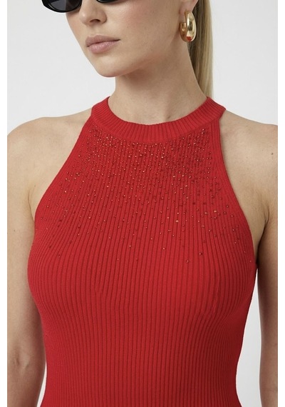 Neden Tekstil Kadın Taşlı Fitilli Halter Yaka Crop Bluz - Kırmızı