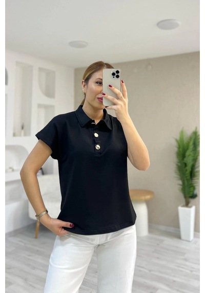 Çınar Boutique Polo Yaka Düğmeli Tişört Siyah Siyah