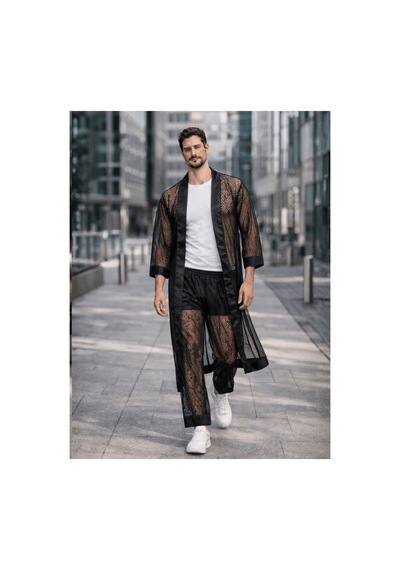 Qmen Style Erkek Kimono Takımı - 3 Lü File Set Bornoz + Pantolon + Şort Siyah
