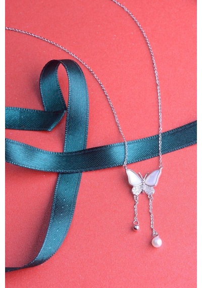 Innuendo Jewelry 925 Ayar Gümüş Sedefi İncili Taşlı Kelebek Kolye Gümüş