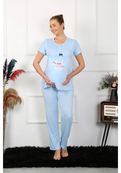Akbeniz Kadın Kısa Kol Hamile Lohusa Pijama Takımı Mavi 45210-mavi