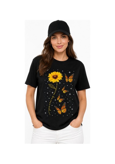 Bayloranzzo Sunflower %100 Pamuk Heavy Cotton Premium Kalite Kadın Tişört Siyah
