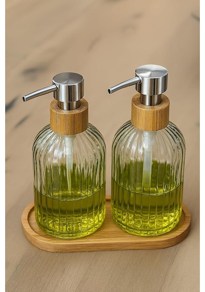 Zbern 2 Li Cam Sıvı Sabunluk Seti Füme Renk, 300 Ml Şeffaf Cam Gövde, Doğal Bambu Başlık Ve S