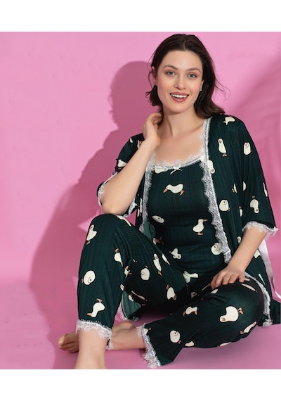Lukitus Sabahlıklı İp Askılı Desenli Kadın Pijama Takımı Yeşil