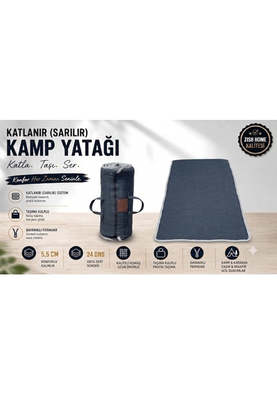 Zish Tekstil Flexı 5 Cm 120x200 Katlanır Kamp Yatağı Karavan, Misafir Ve Anne Yanı Yatağı Koyu Mavi
