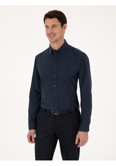 Cacharel Lacivert Slim Fit %100 Pamuk Yakası Düğmeli Flanel Gömlek