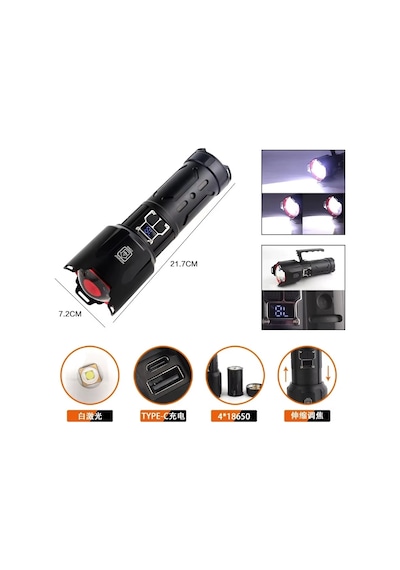 Bedotech Bd-4 60w Tg Led Alüminyum Alaşımlı Zoomlu Type-c Dijital Göstergeli Şarjlı El Feneri