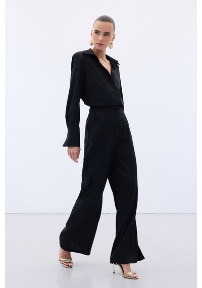 Sateen Jakarlı Pantolon - Siyah-136610 Siyah
