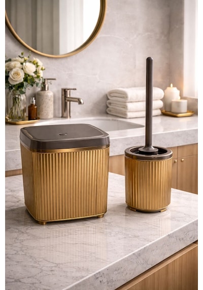 Banyo Çöp Kovası Ve Wc Fırçası Seti Modern Ve Şık Banyo Aksesuarları 2li Set Kahverengi