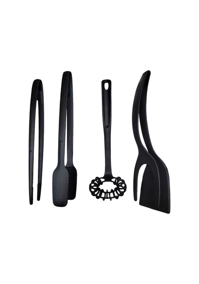 4'lü Yanmaz Yapışmaz Servis Izgara Maşası, Spiral Çırpıcı, Maşalı Spatula Ve Cımbız Maşa Teflon Siya