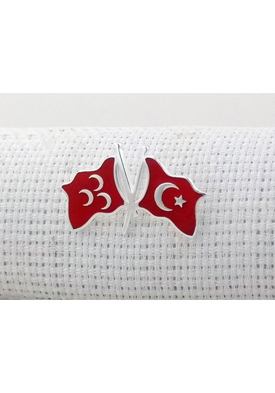 Takıhan Türk Bayrağı Ve Üç Hilal Tasarımlı 925 Ayar Gümüş Rozet Kırmızı